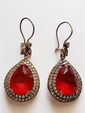 TURKISH OTTOMAN SIMULATED TEARDROP RUBY .925 SILVER & BRONZE EARRINGS